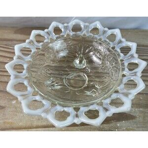 Vintage Northwood French Opalescent Art Glass Shell & Wild Rose Footed Bowl 8”